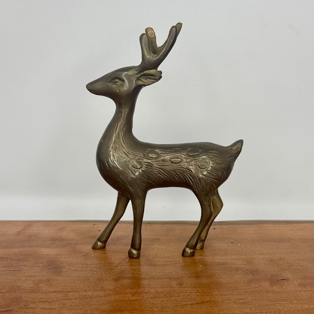 Vintage Brass Deer Figurine Spotted Buck MCM Reindeer Statue 5" - Picture 2 of 6